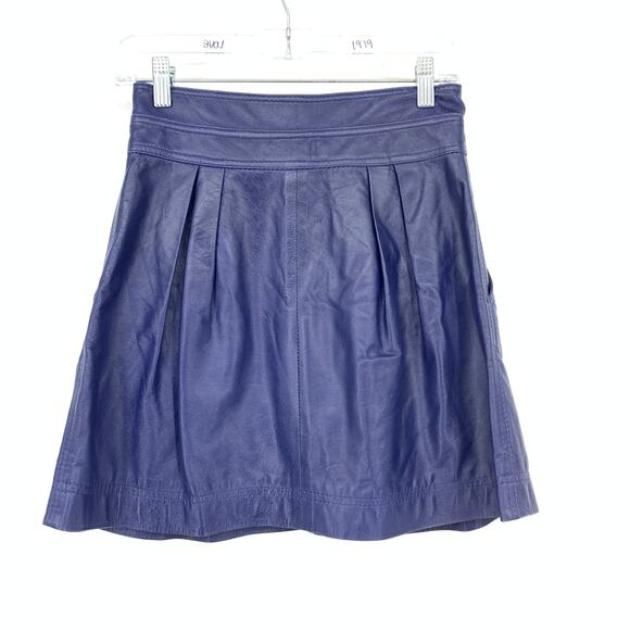 Nicole Miller A-Line Pleated Mini Skirt Womens Sz 2 Blue Lamb Leather Zip Front - Picture 2 of 6